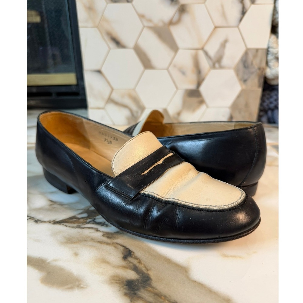 Vintage Ralph Lauren Penny Loafers Women 7.5 Black Cream Two Tone Leather Flat